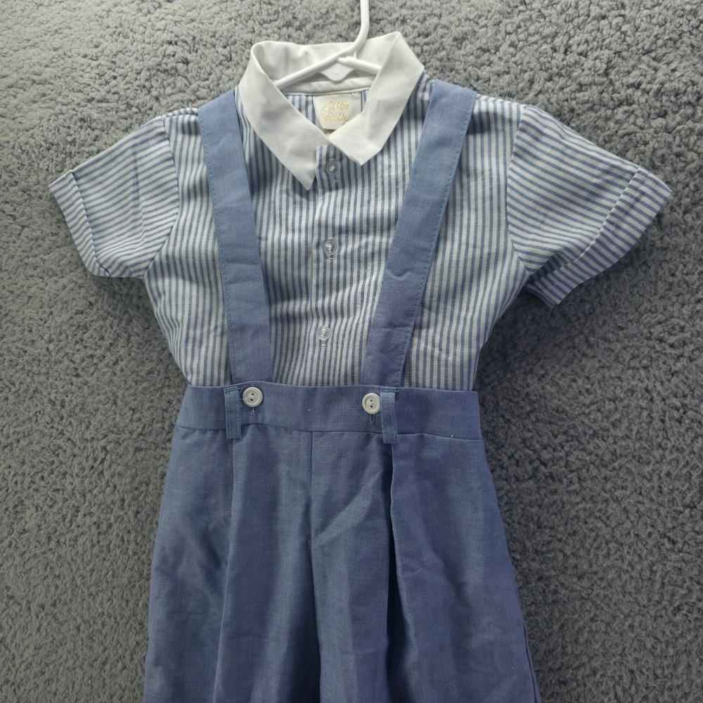 Little Bitty Vintage 2PC Suspender Pants Shirt Set Blue White Stripe 4T USA
